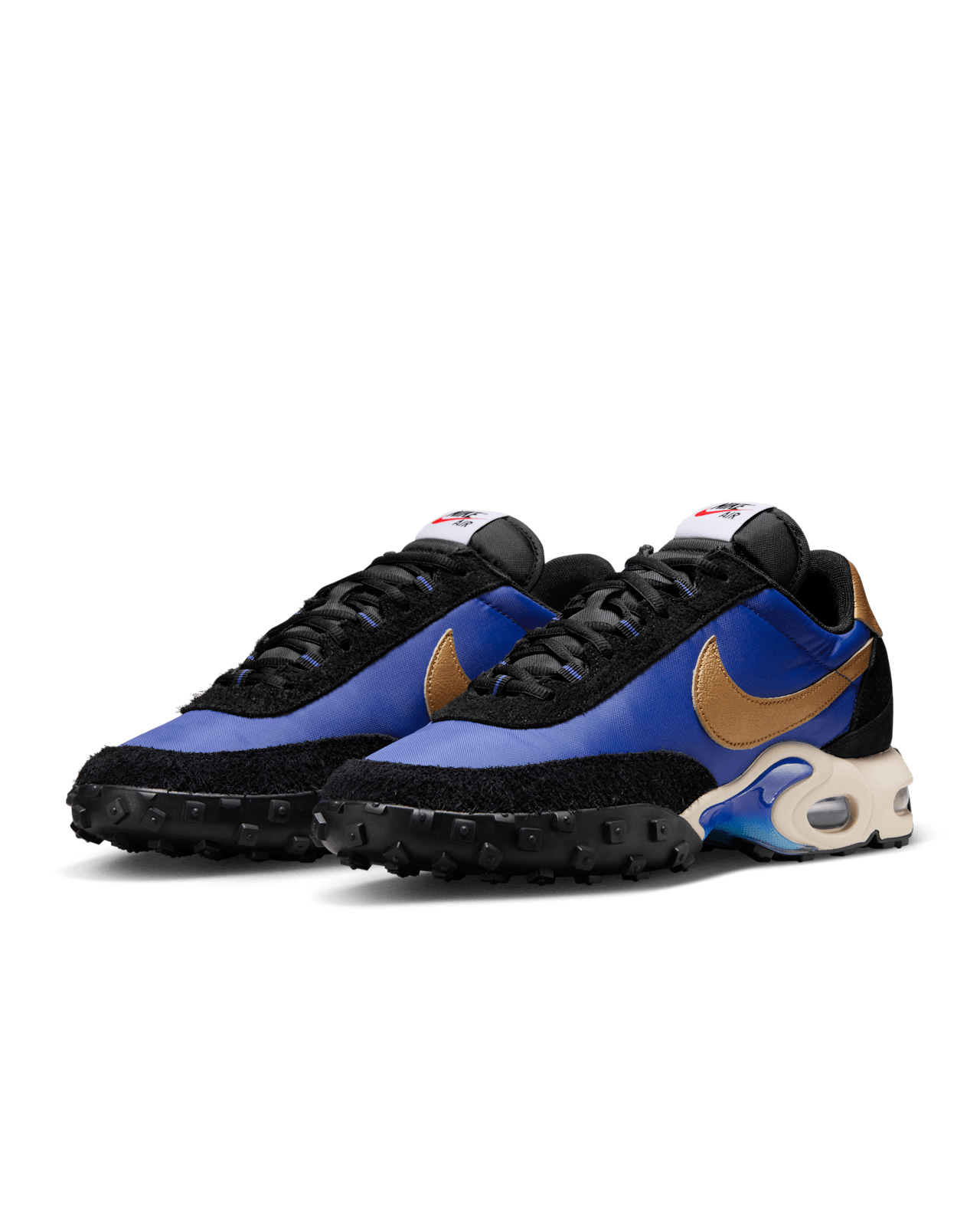 Air Max Waffle sneakers with black and Hyper Blue upper, featuring Metallic Gold accents and Waffle outsole.