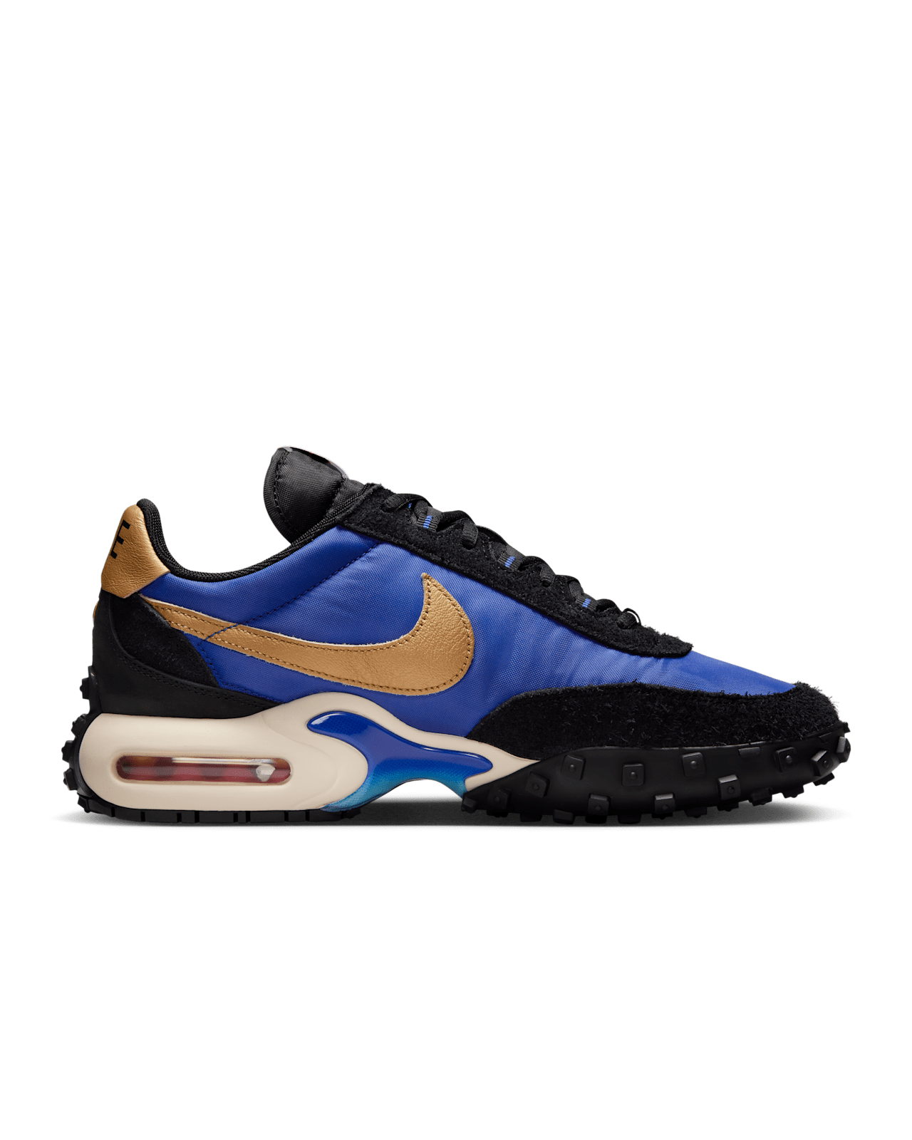 Air Max Waffle sneakers with black and Hyper Blue upper, featuring Metallic Gold accents and Waffle outsole.