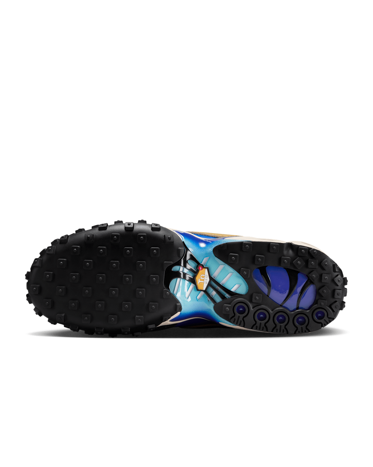 Air Max Waffle sneakers with black and Hyper Blue upper, featuring Metallic Gold accents and Waffle outsole.