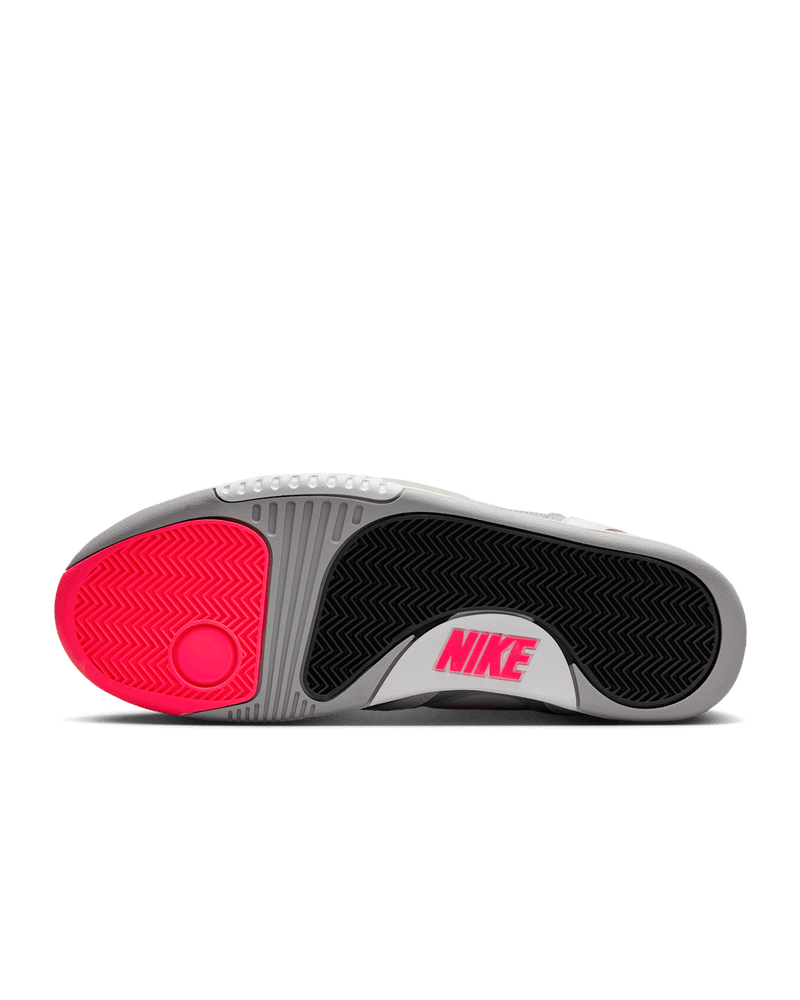 Air Tech Challenge 2 sneakers with white leather, Light Smoke Grey, and Racer Pink accents, featuring visible Max Air cushioning.