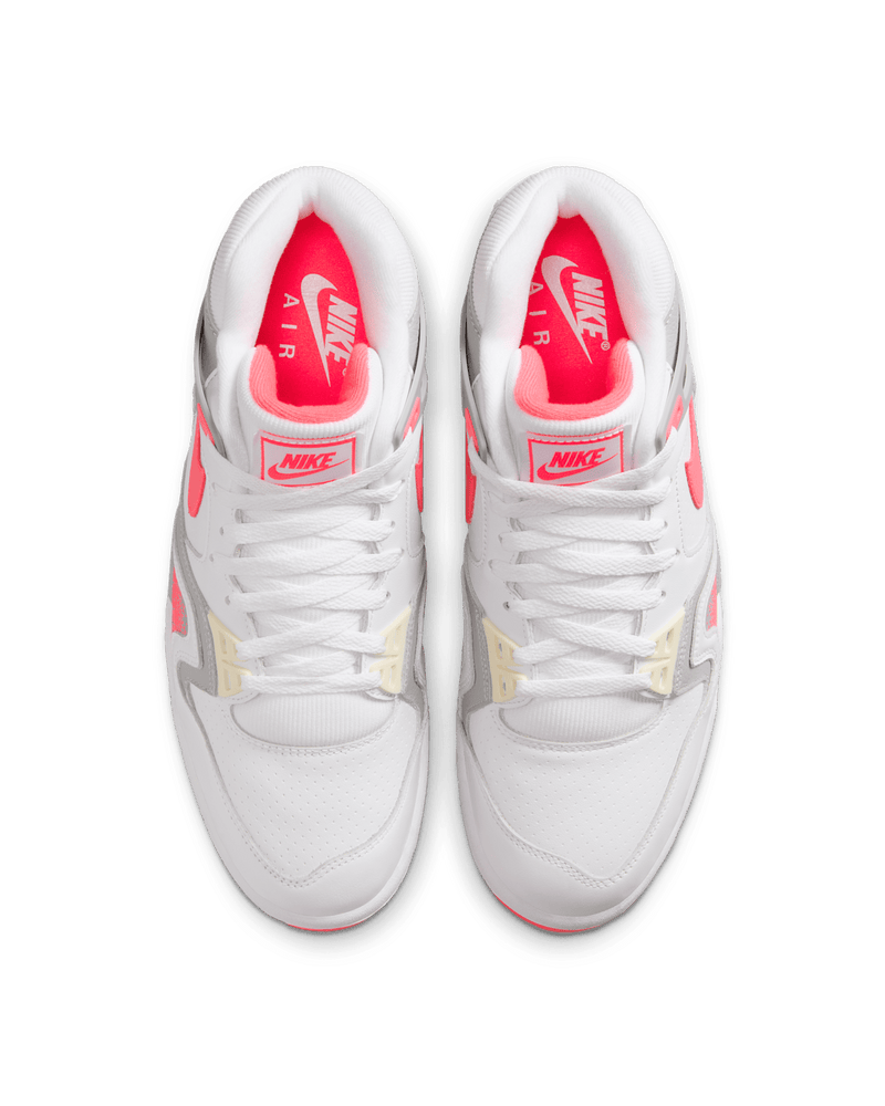 Air Tech Challenge 2 sneakers with white leather, Light Smoke Grey, and Racer Pink accents, featuring visible Max Air cushioning.