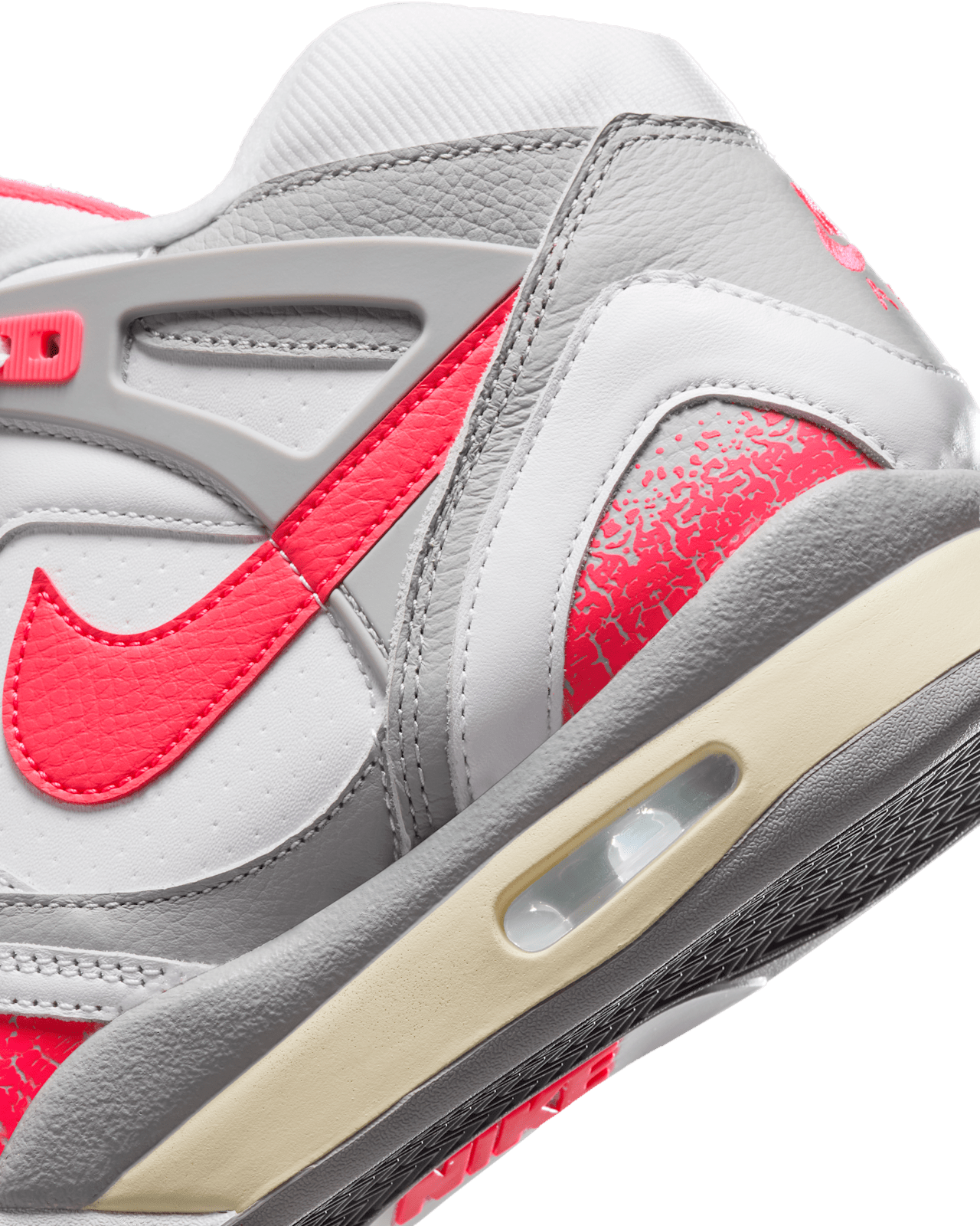 Air Tech Challenge 2 sneakers with white leather, Light Smoke Grey, and Racer Pink accents, featuring visible Max Air cushioning.