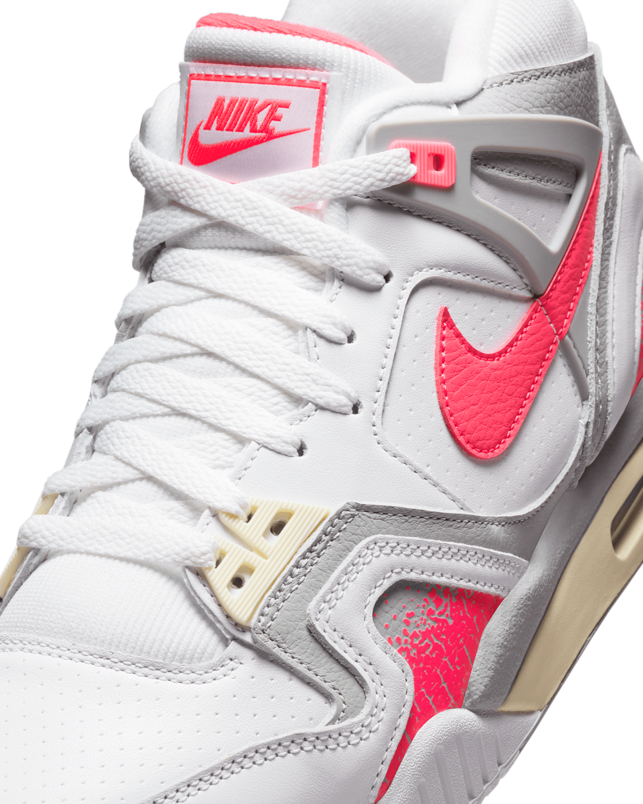 Air Tech Challenge 2 sneakers with white leather, Light Smoke Grey, and Racer Pink accents, featuring visible Max Air cushioning.