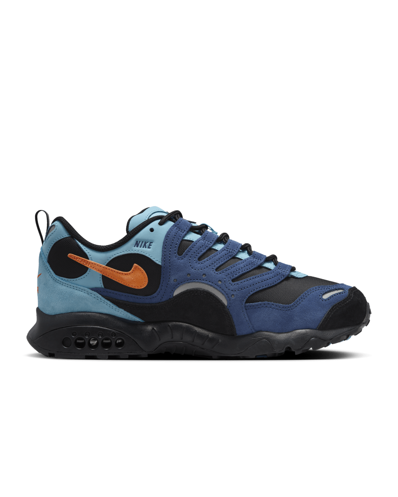 Air Terra Humara 1997 edition featuring Mystic Navy suede, Aquarius Blue textiles, and Safety Orange Swoosh, designed for urban and trail adventures.