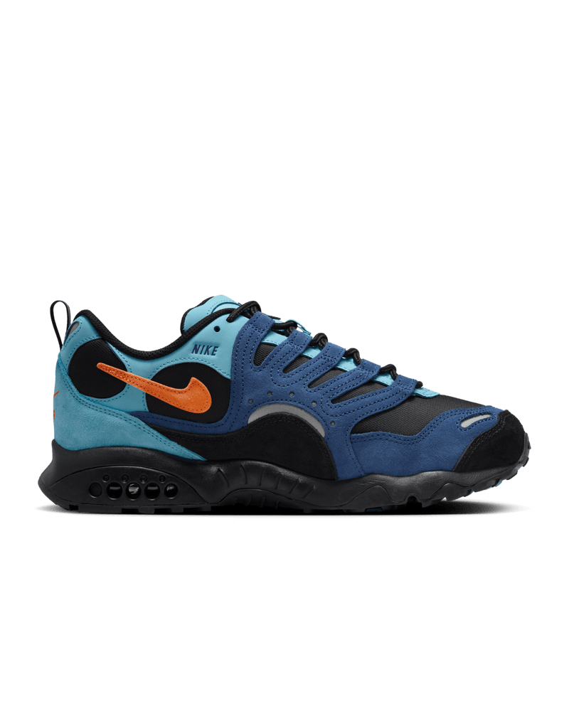 Air Terra Humara 1997 edition featuring Mystic Navy suede, Aquarius Blue textiles, and Safety Orange Swoosh, designed for urban and trail adventures.