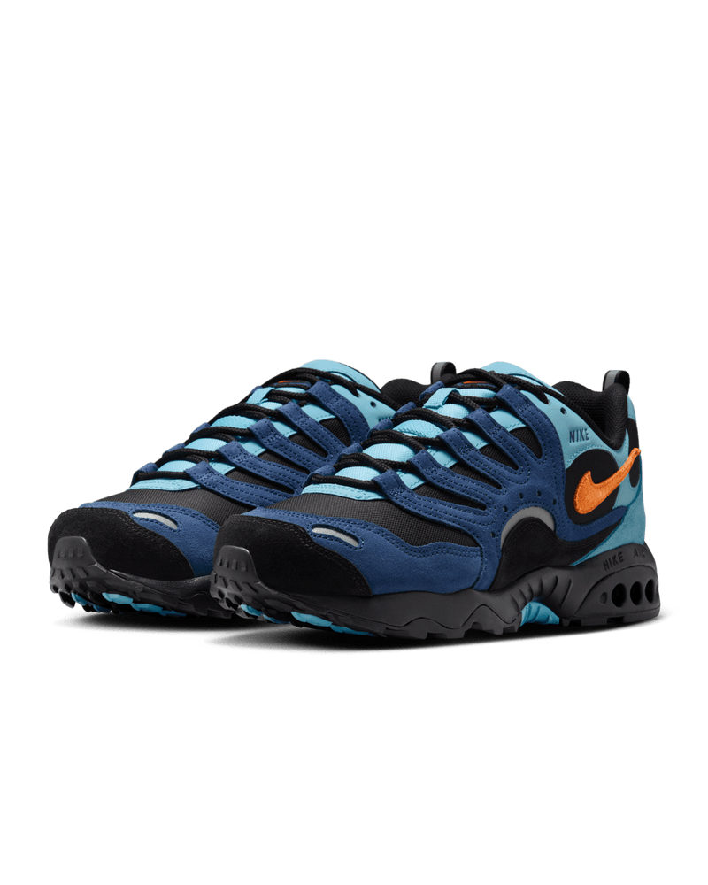 Air Terra Humara 1997 edition featuring Mystic Navy suede, Aquarius Blue textiles, and Safety Orange Swoosh, designed for urban and trail adventures.