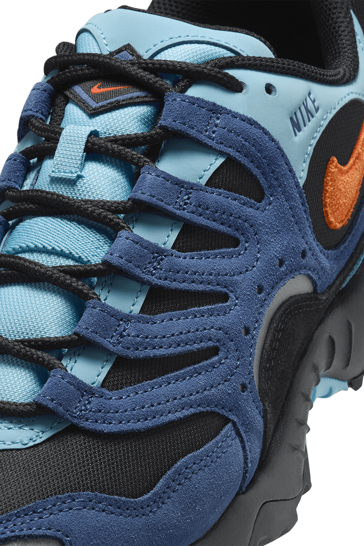 Air Terra Humara 1997 edition featuring Mystic Navy suede, Aquarius Blue textiles, and Safety Orange Swoosh, designed for urban and trail adventures.