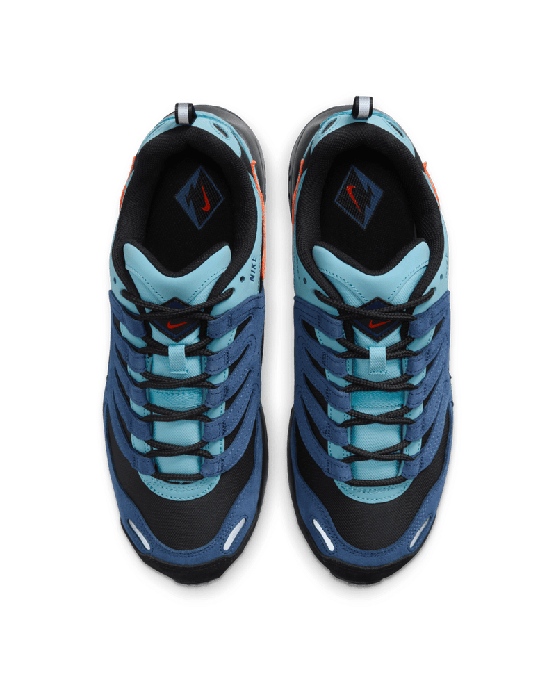 Air Terra Humara 1997 edition featuring Mystic Navy suede, Aquarius Blue textiles, and Safety Orange Swoosh, designed for urban and trail adventures.