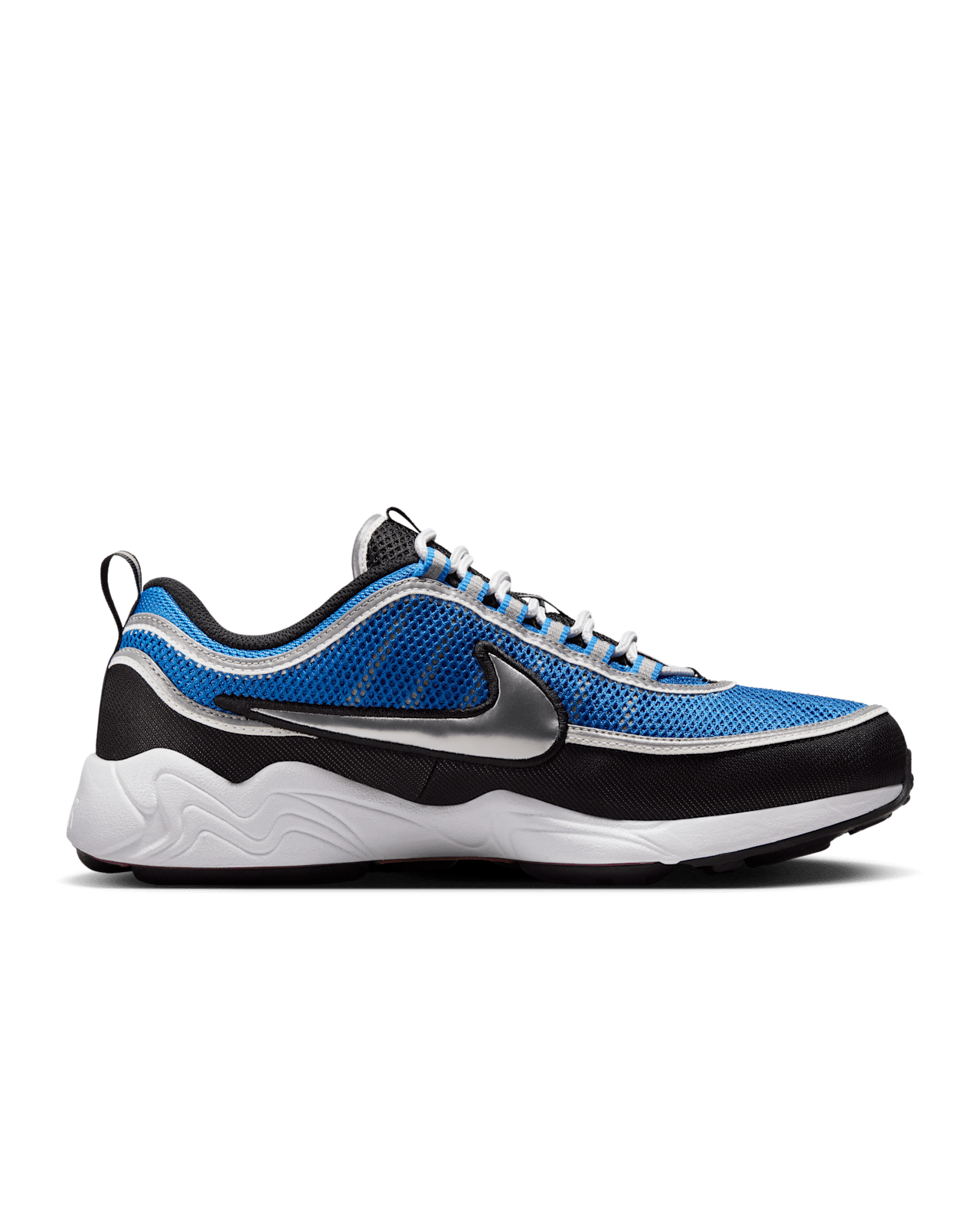 Air Zoom Spiridon sneakers with black, Signal Blue, and University Red colorway, reflective piping, and breathable mesh upper.