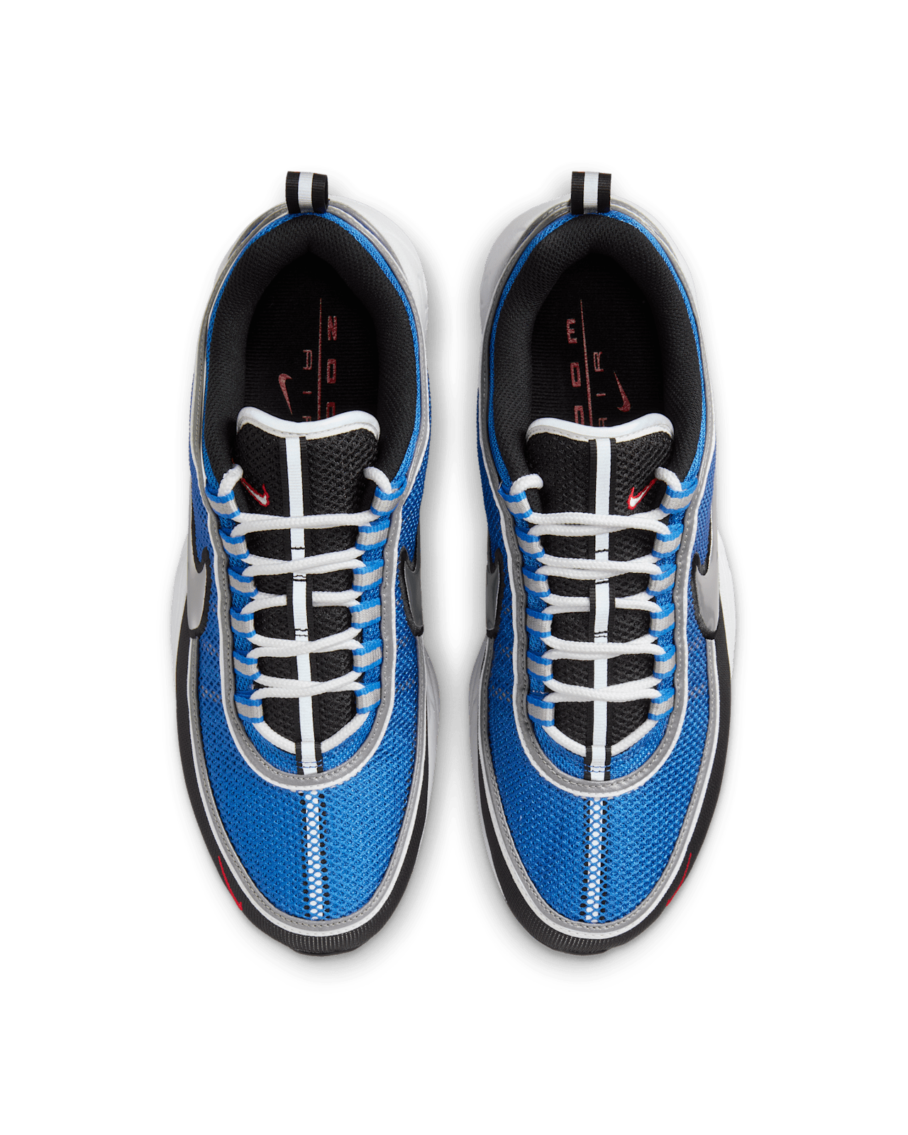 Air Zoom Spiridon sneakers with black, Signal Blue, and University Red colorway, reflective piping, and breathable mesh upper.
