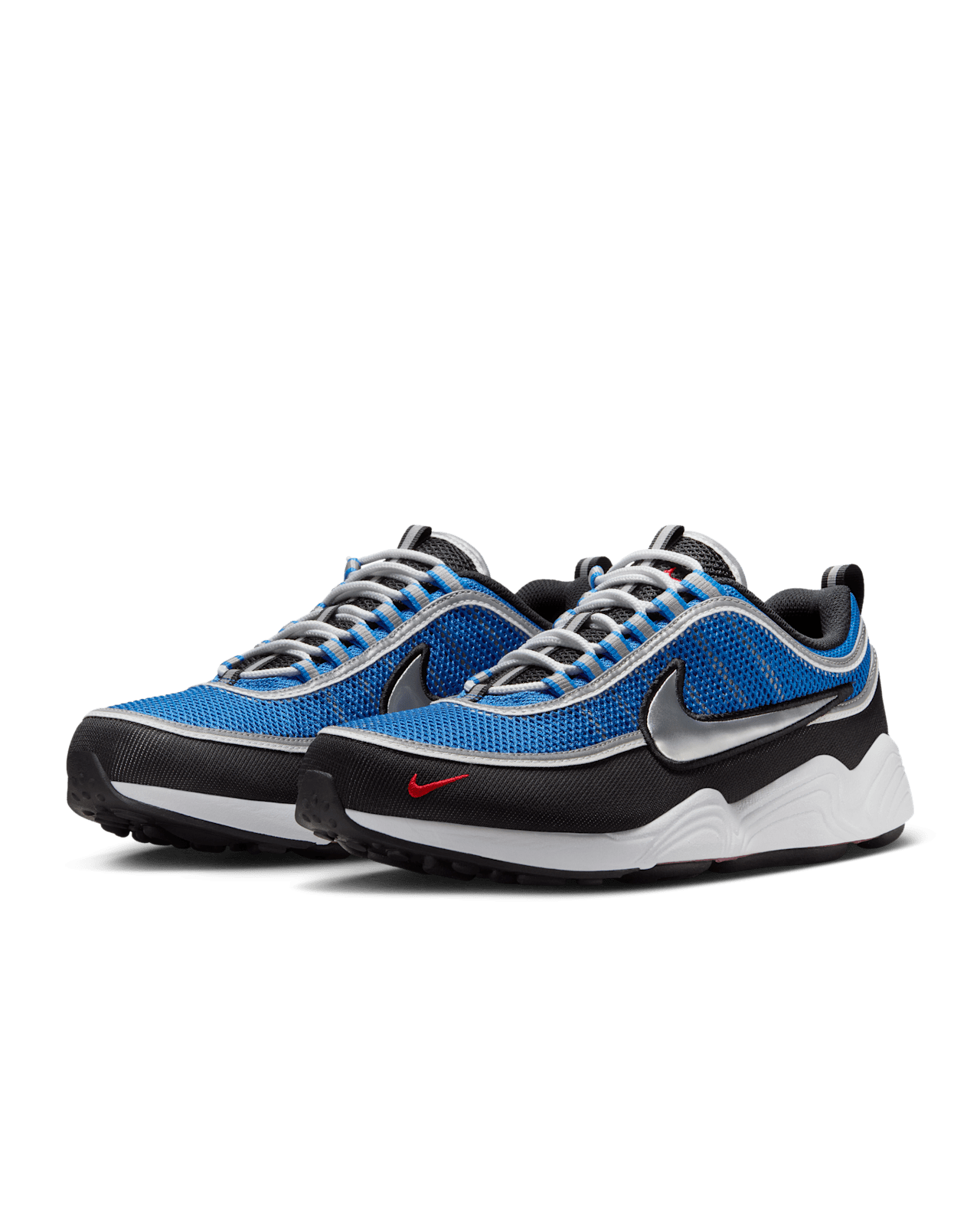 Air Zoom Spiridon sneakers with black, Signal Blue, and University Red colorway, reflective piping, and breathable mesh upper.