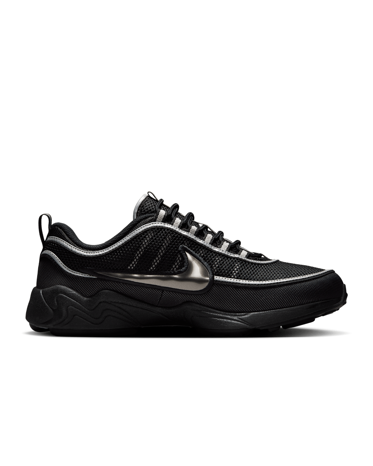 Nike Air Zoom Spiridon sneaker with reflective piping, airy mesh, Metallic Silver and Sport Red accents, and full-length Air Zoom cushioning.