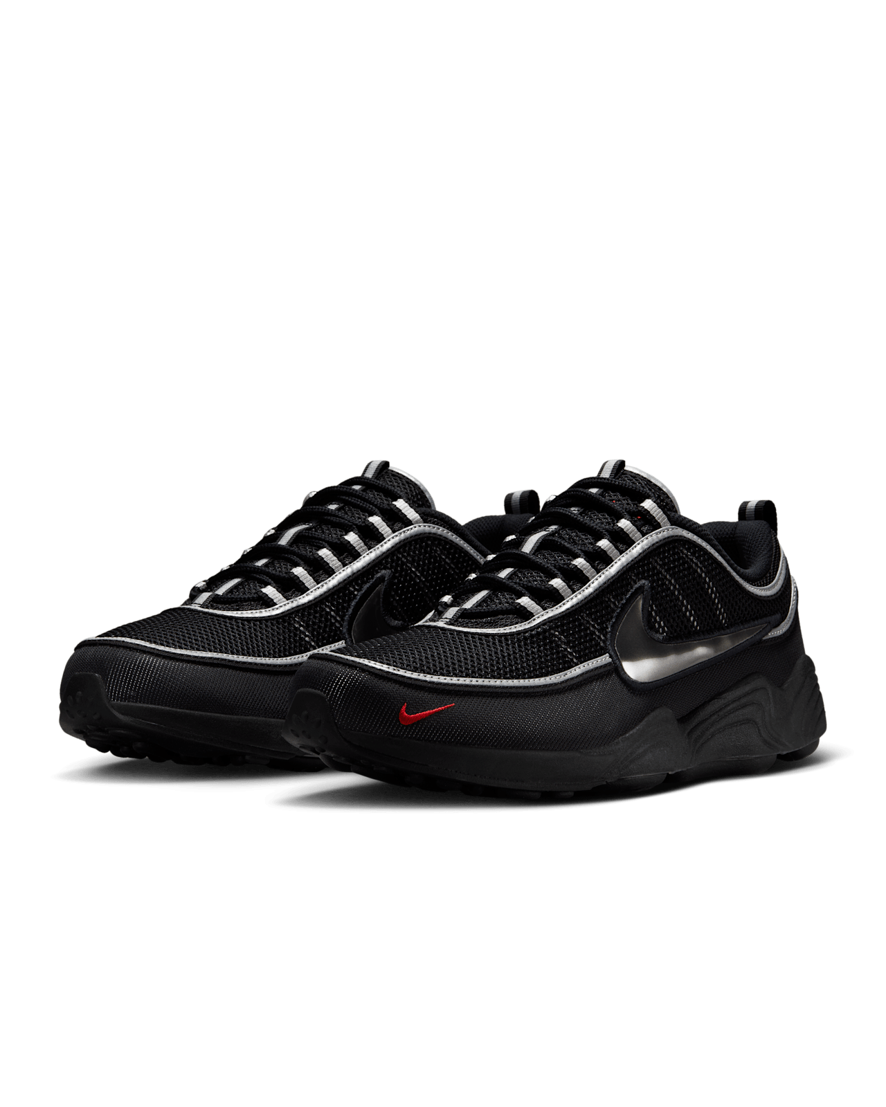 Nike Air Zoom Spiridon sneaker with reflective piping, airy mesh, Metallic Silver and Sport Red accents, and full-length Air Zoom cushioning.