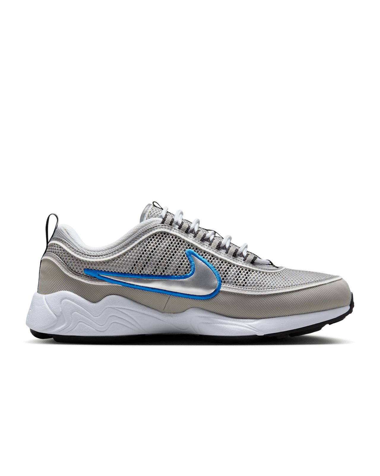 Air Zoom Spiridon retro sneaker with reflective design piping, airy mesh upper, full-length Air Zoom cushioning, and Metallic Silver and Signal Blue colorway.