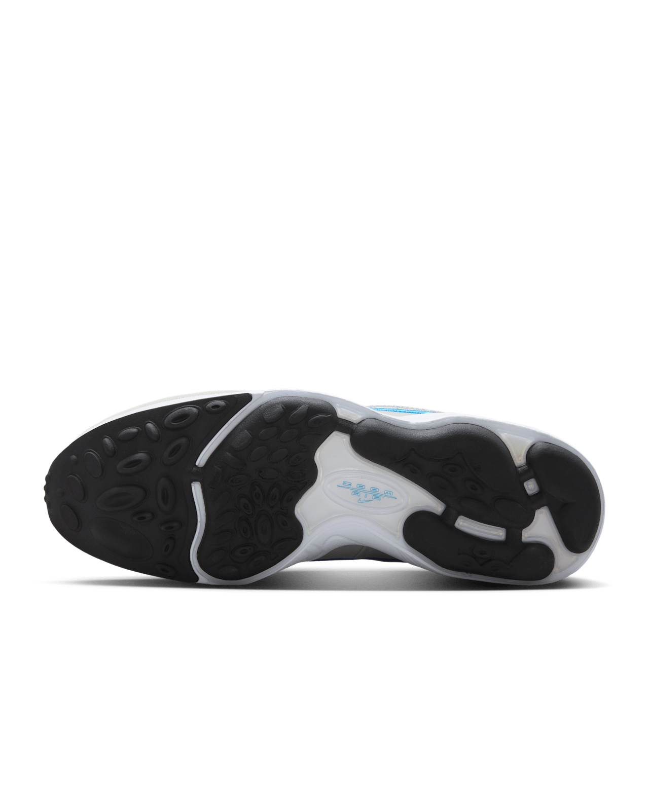 Air Zoom Spiridon retro sneaker with reflective design piping, airy mesh upper, full-length Air Zoom cushioning, and Metallic Silver and Signal Blue colorway.