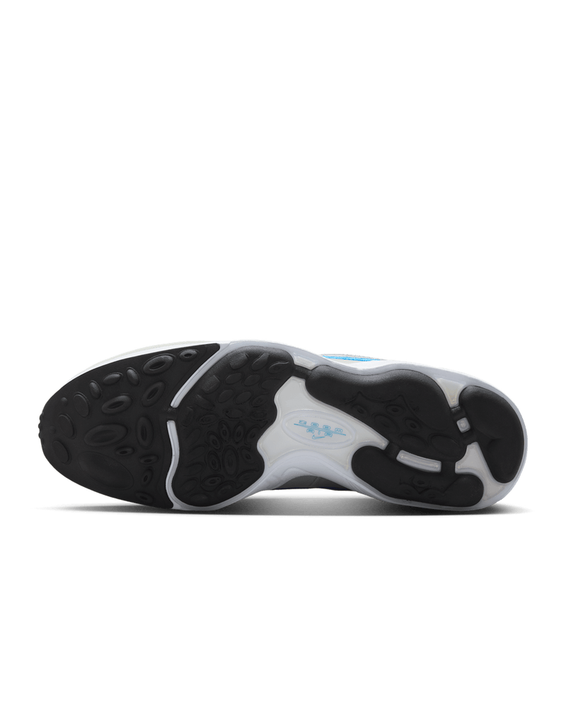 Air Zoom Spiridon retro sneaker with reflective design piping, airy mesh upper, full-length Air Zoom cushioning, and Metallic Silver and Signal Blue colorway.