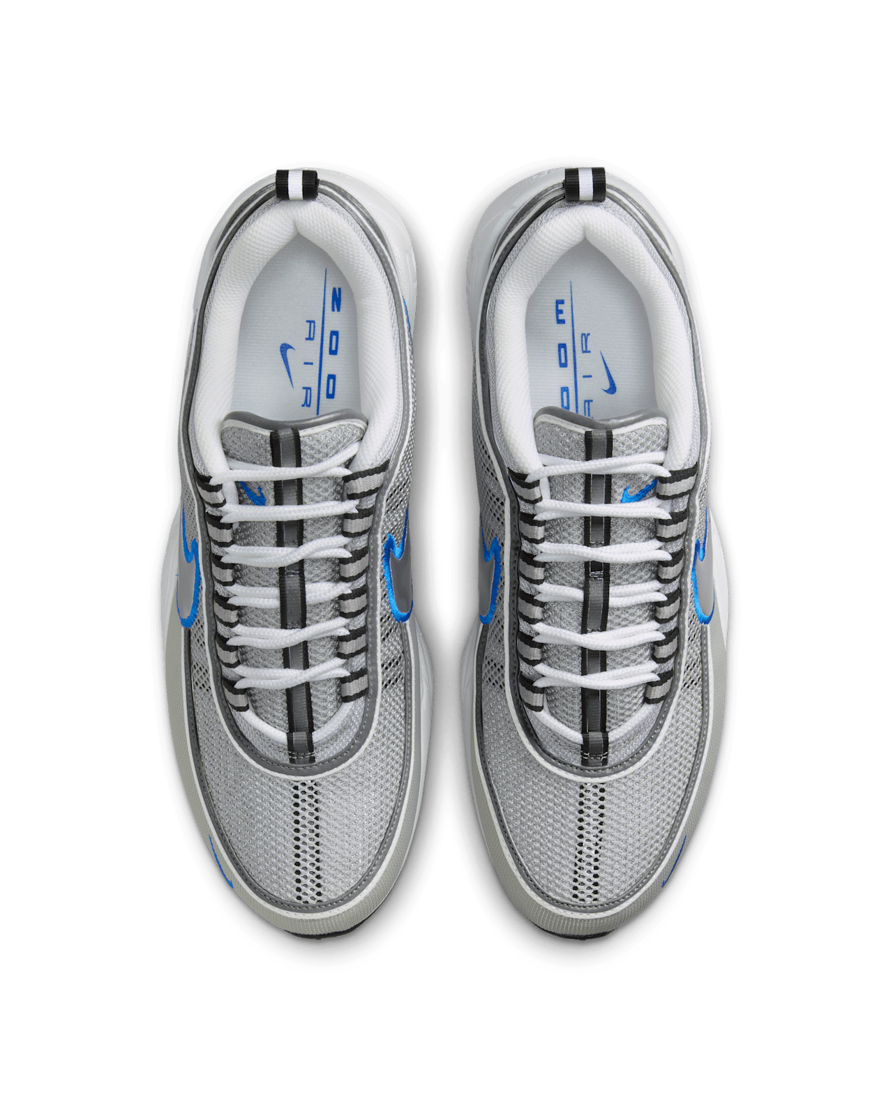 Air Zoom Spiridon retro sneaker with reflective design piping, airy mesh upper, full-length Air Zoom cushioning, and Metallic Silver and Signal Blue colorway.