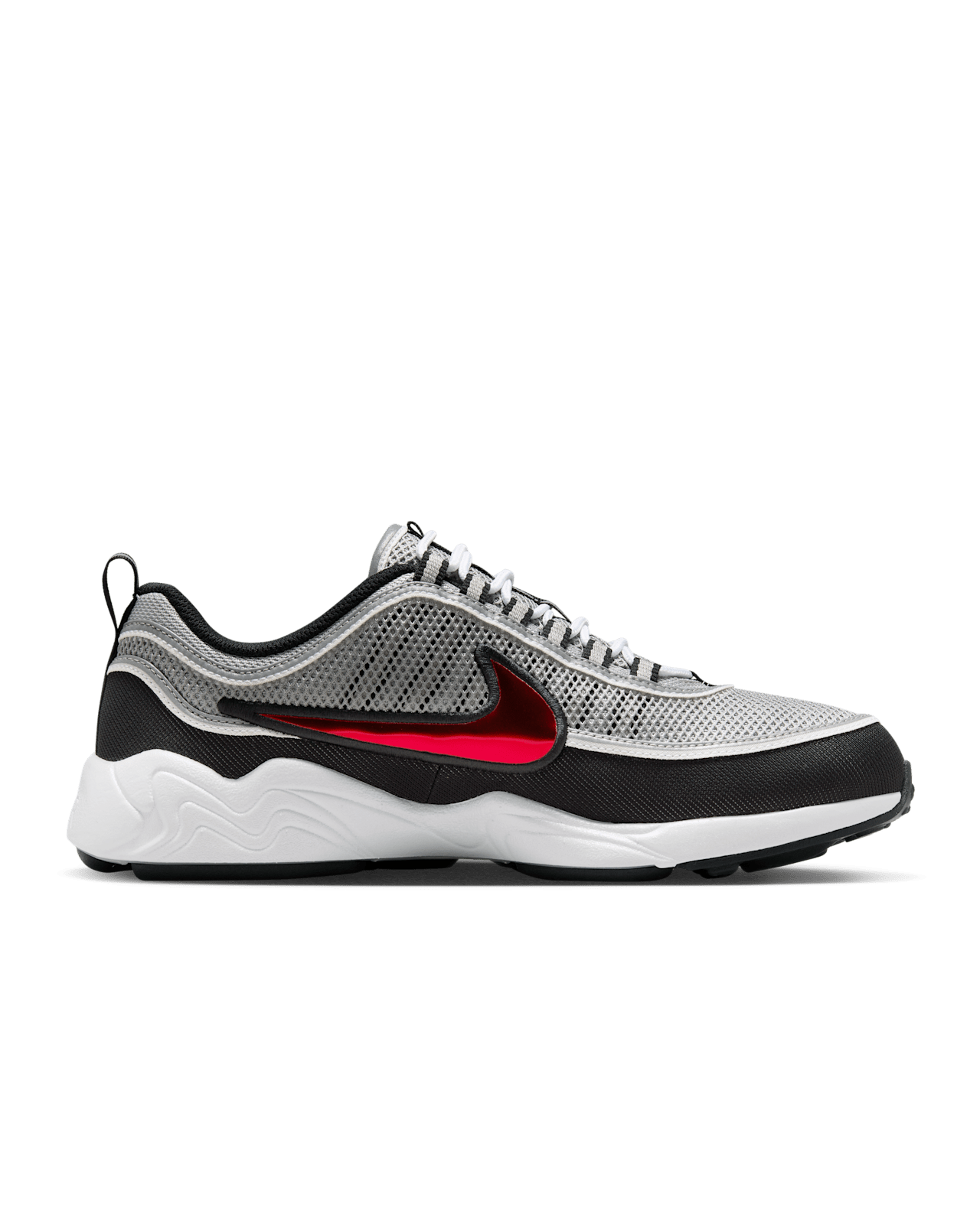 Nike Air Zoom Spiridon sneaker with reflective piping, airy mesh, Metallic Silver and Sport Red accents, and full-length Air Zoom cushioning.