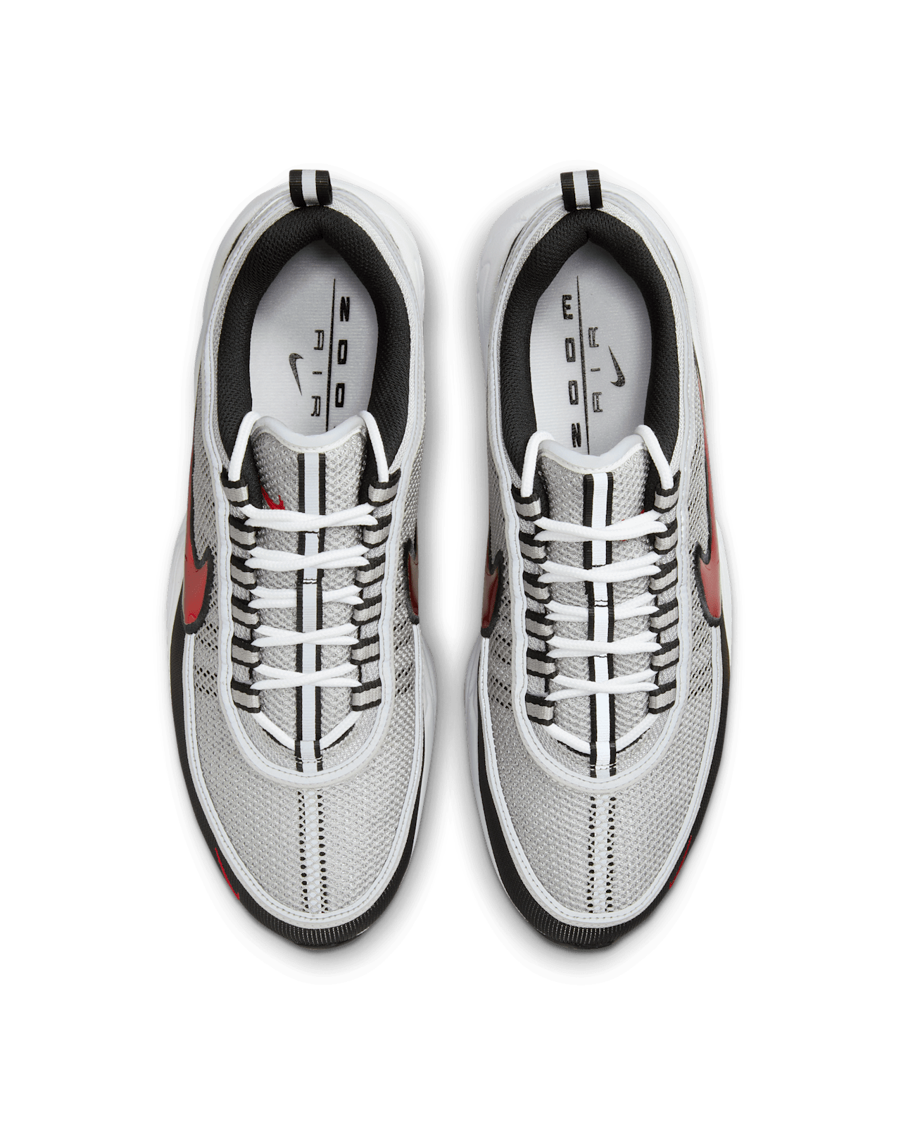 Nike Air Zoom Spiridon sneaker with reflective piping, airy mesh, Metallic Silver and Sport Red accents, and full-length Air Zoom cushioning.