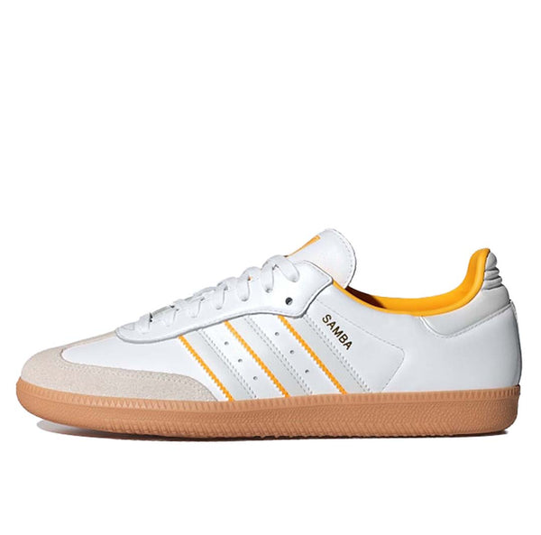 Adidas Samba OG shoes with gum rubber outsole and serrated 3-Stripes, showcasing classic design elements and modern style.