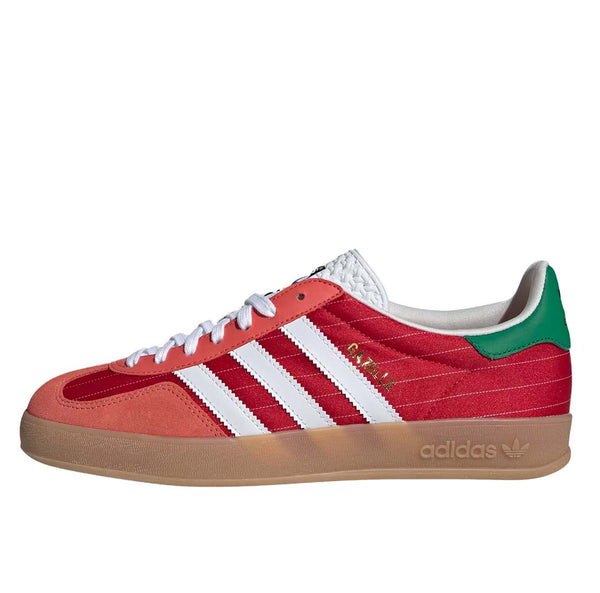 adidas Gazelle shoes with satin upper, suede and synthetic overlays, pinstripe details, and translucent gum outsole.