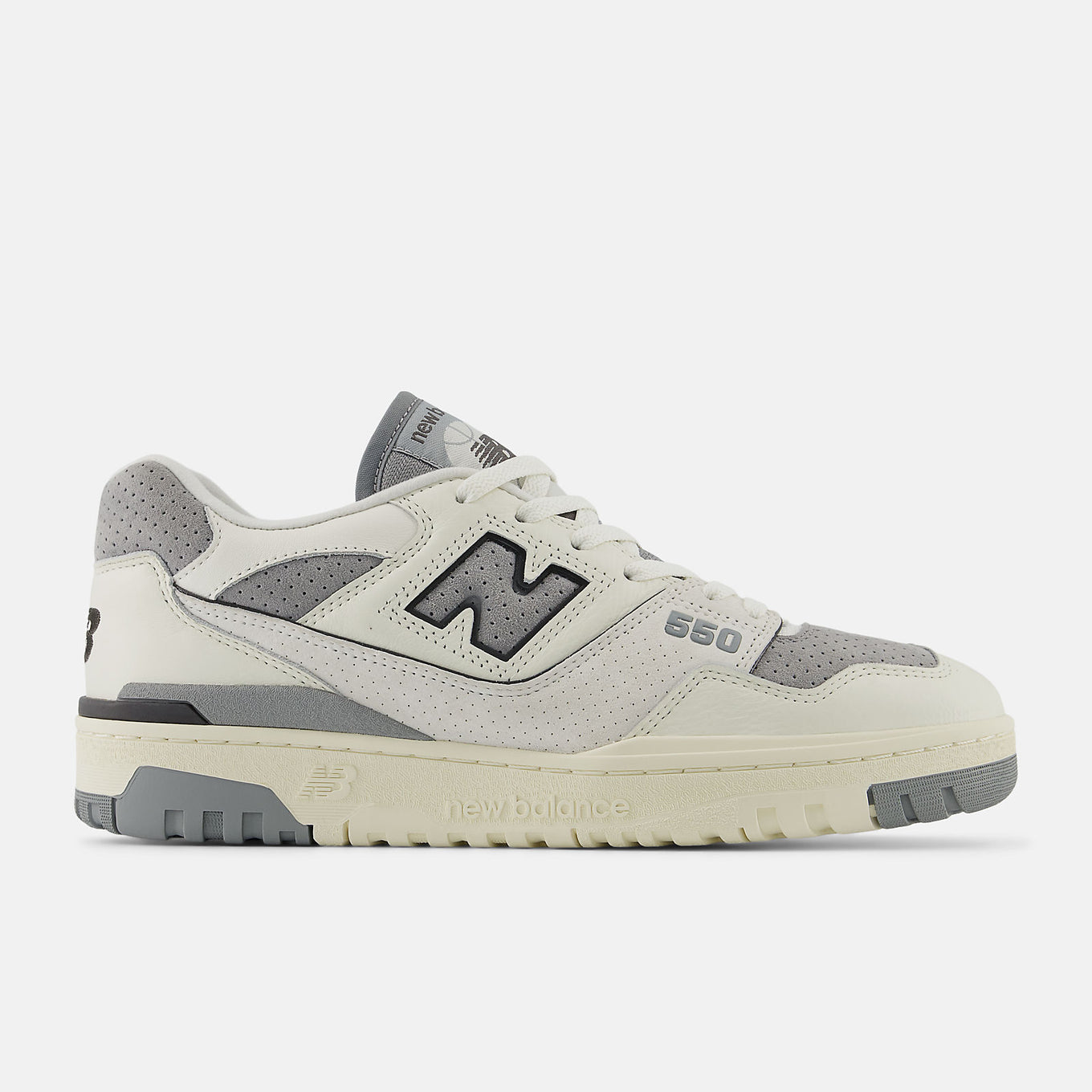 New Balance 550 sneakers featuring a low-top silhouette with leather, synthetic, and mesh upper in a retro basketball design