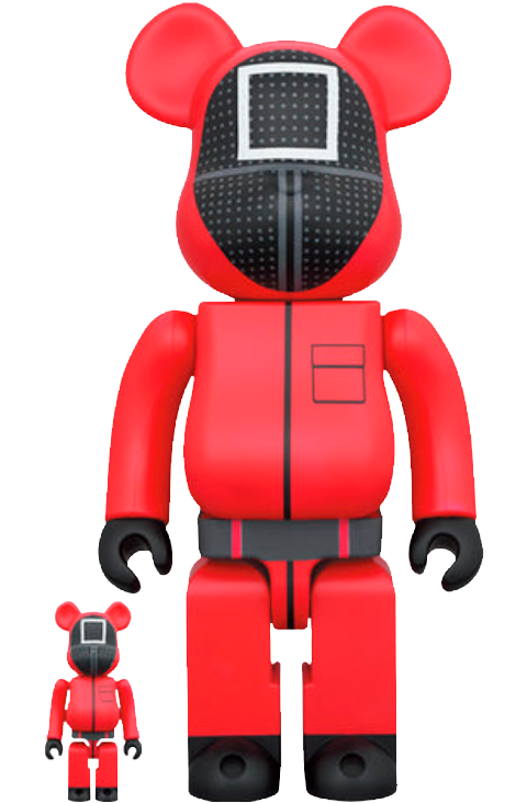 BE@RBRICK SQUID GAME Guard Square 100% & 400% figures featuring the iconic red uniform and square mask design from Squid Game.