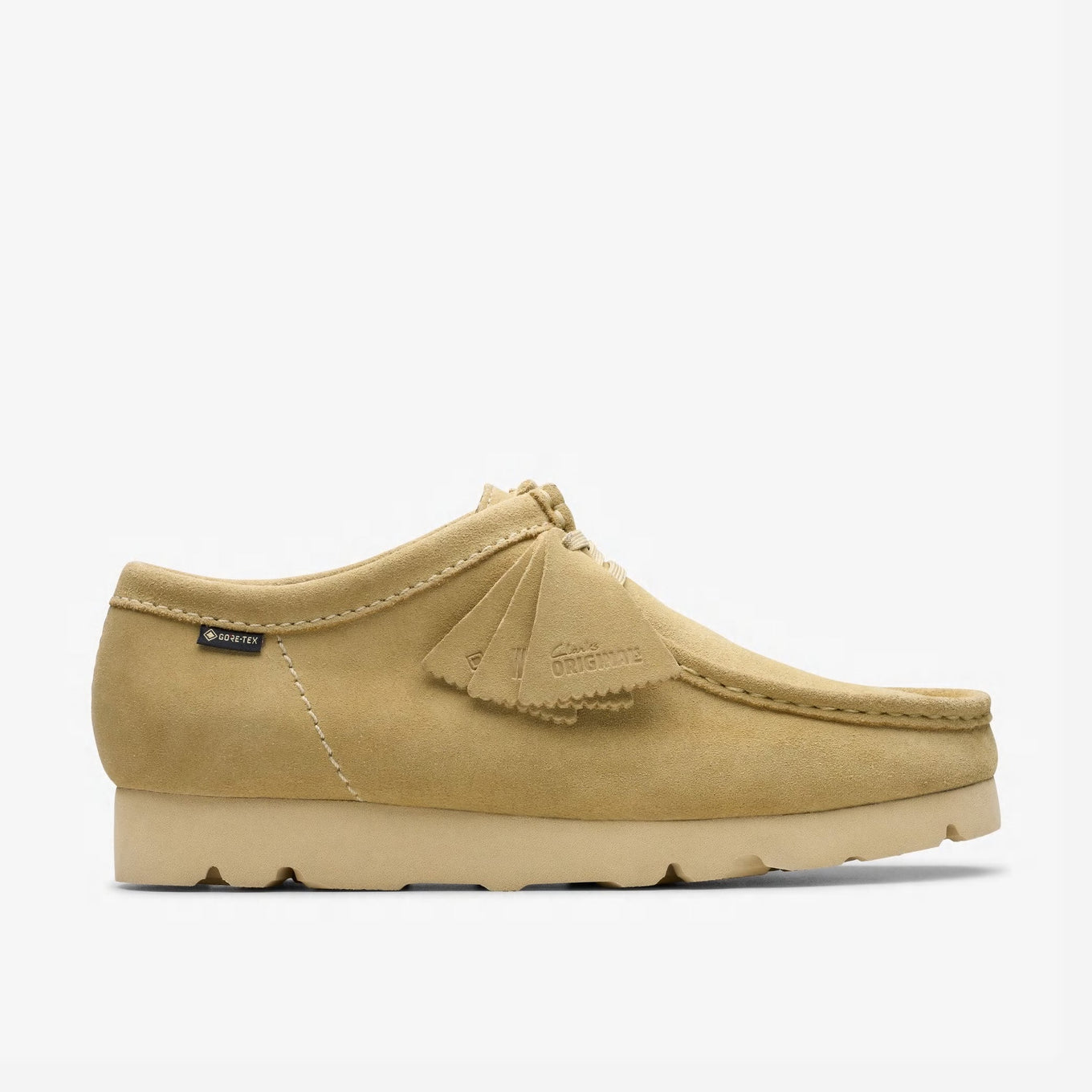 The Wallabee GTX in a fresh seasonal color, showcasing a butter-soft suede upper with GORE-TEX® waterproof membrane,