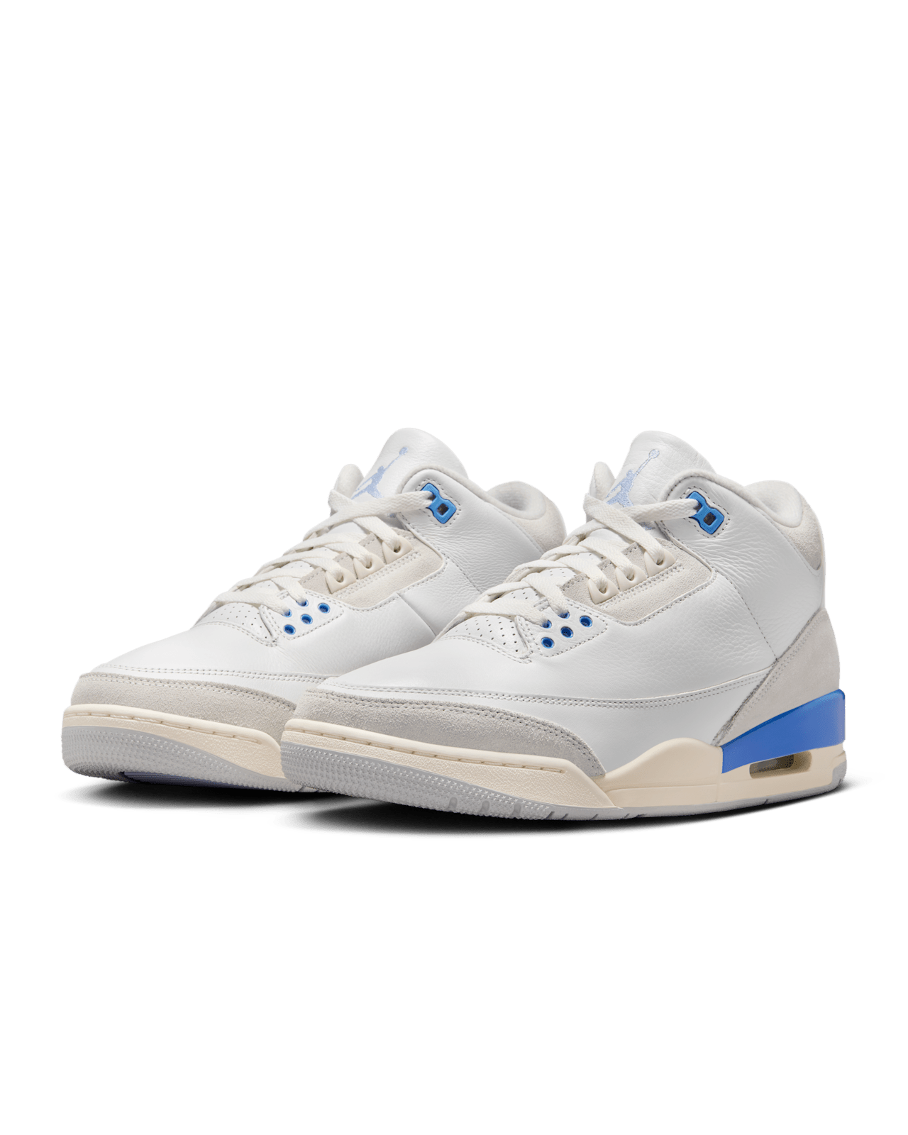 AJ3 sneakers with white full-grain leather, gray suede reinforcements, and blue accents, inspired by Michael Jordan's lucky blue training shorts.