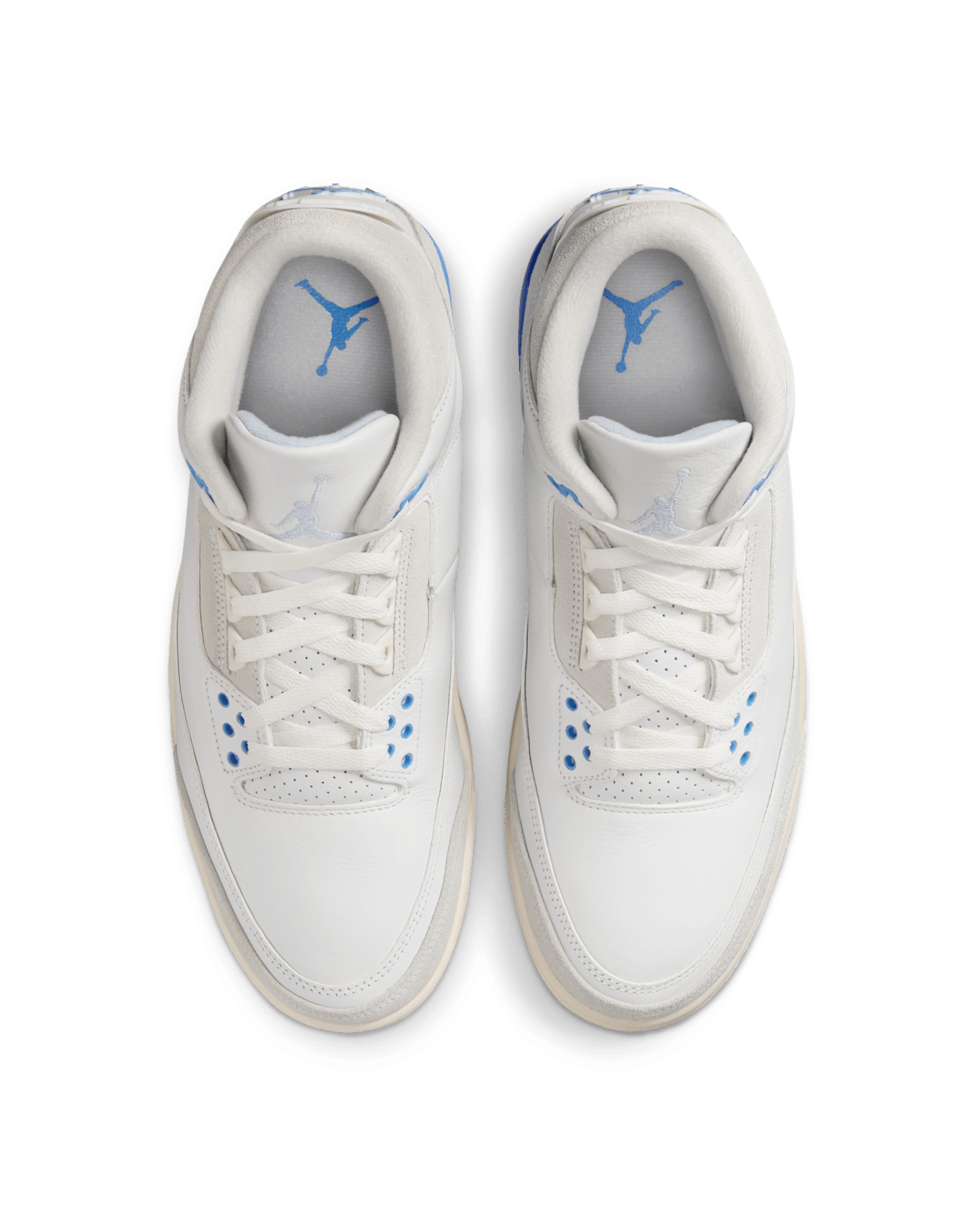 AJ3 sneakers with white full-grain leather, gray suede reinforcements, and blue accents, inspired by Michael Jordan's lucky blue training shorts.