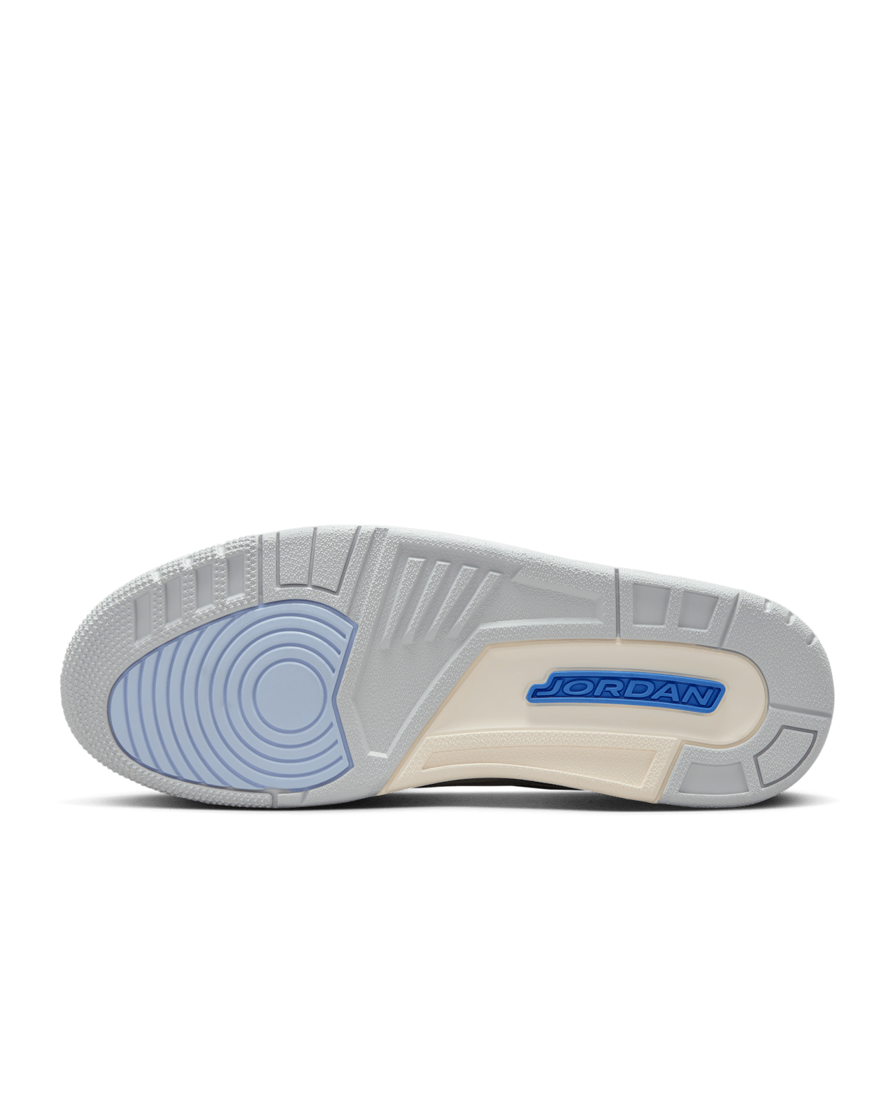 AJ3 sneakers with white full-grain leather, gray suede reinforcements, and blue accents, inspired by Michael Jordan's lucky blue training shorts.