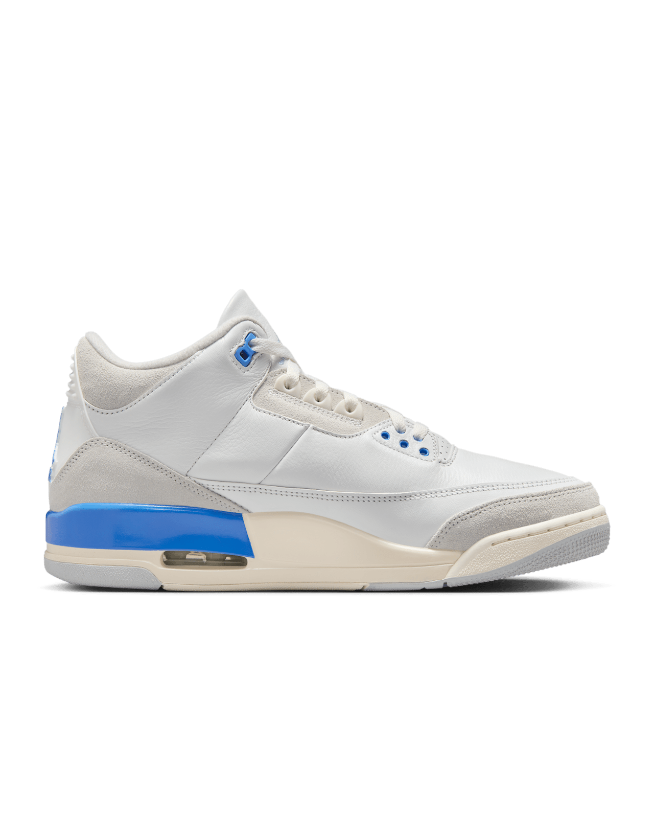 AJ3 sneakers with white full-grain leather, gray suede reinforcements, and blue accents, inspired by Michael Jordan's lucky blue training shorts.
