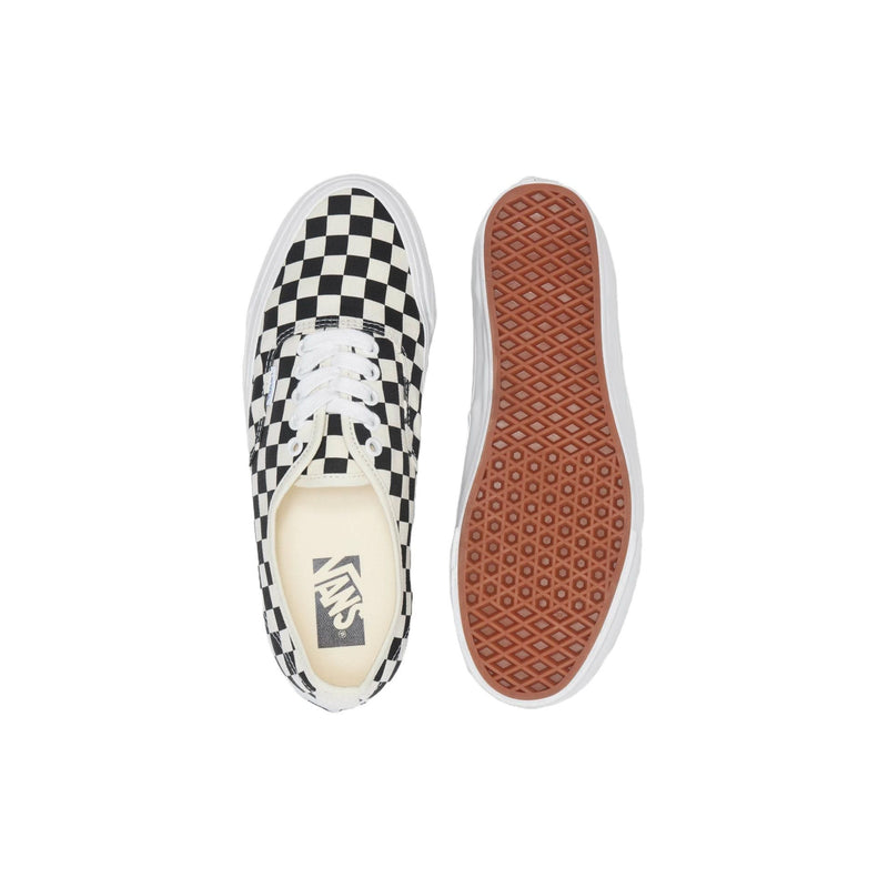 Premium Authentic 44 Shoes with checkerboard pattern, glossy sidewalls, full-grain leather collar lining, and Sola Foam All-Day-Comfort.



