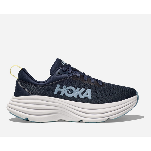 HOKA Bondi running shoe with extended heel geometry and billowed rear crash pad for a soft, balanced ride.