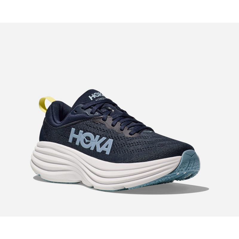 HOKA Bondi running shoe with extended heel geometry and billowed rear crash pad for a soft, balanced ride.