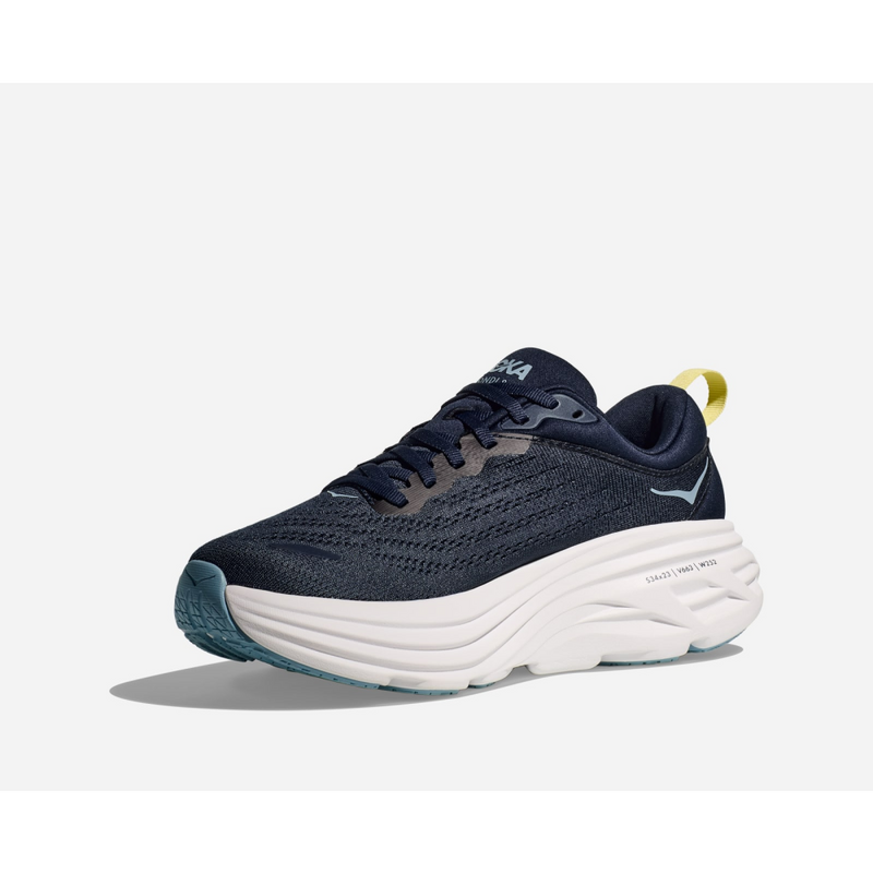 HOKA Bondi running shoe with extended heel geometry and billowed rear crash pad for a soft, balanced ride.