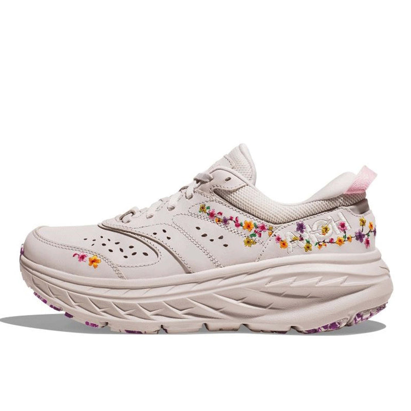 HOKA BONDI L BP lifestyle shoes showcasing vibrant floral patterns, premium nubuck upper, and marbled outsole, designed for both comfort and style.