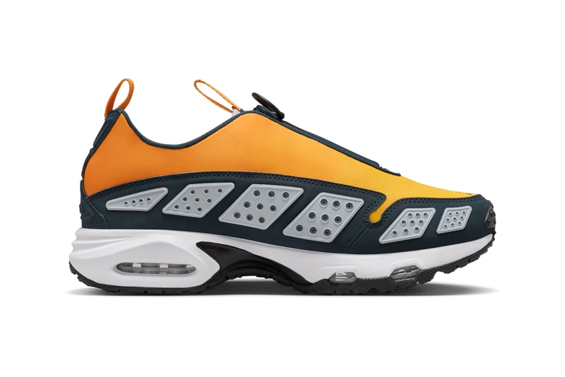 Air Sunder Max in Deep Ocean/Gold/Deep Yellow colorway with zip-up body, neoprene and tech-fabric upper, textured panels, and subtle Nike Swoosh near zip closure