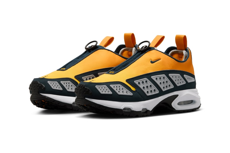 Air Sunder Max in Deep Ocean/Gold/Deep Yellow colorway with zip-up body, neoprene and tech-fabric upper, textured panels, and subtle Nike Swoosh near zip closure