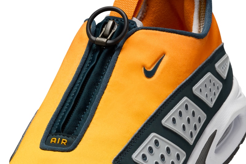 Air Sunder Max in Deep Ocean/Gold/Deep Yellow colorway with zip-up body, neoprene and tech-fabric upper, textured panels, and subtle Nike Swoosh near zip closure