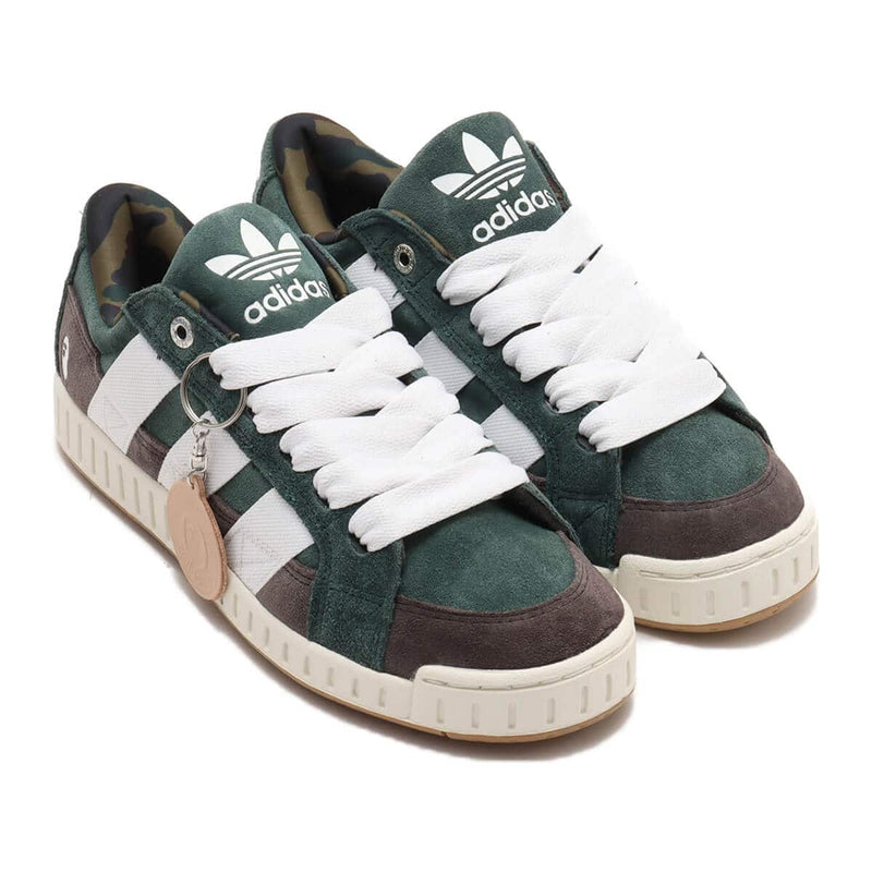 BAPE x adidas 30th Anniversary city sneaker with leather upper, rubber outsole, and hidden pocket in the shoe tongue.