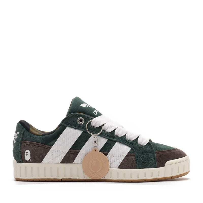 BAPE x adidas 30th Anniversary city sneaker with leather upper, rubber outsole, and hidden pocket in the shoe tongue.