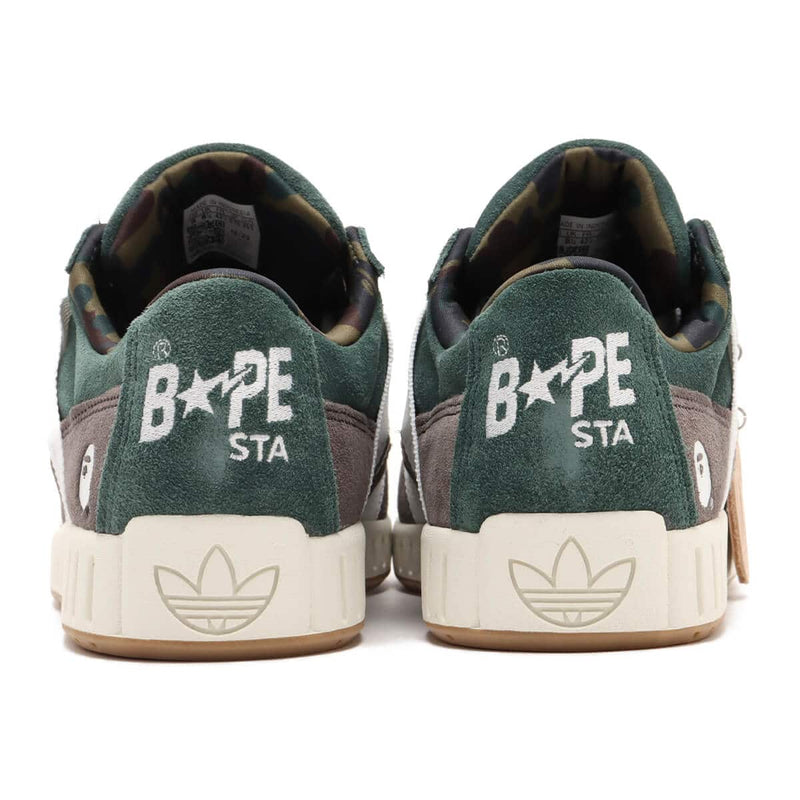 BAPE x adidas 30th Anniversary city sneaker with leather upper, rubber outsole, and hidden pocket in the shoe tongue.