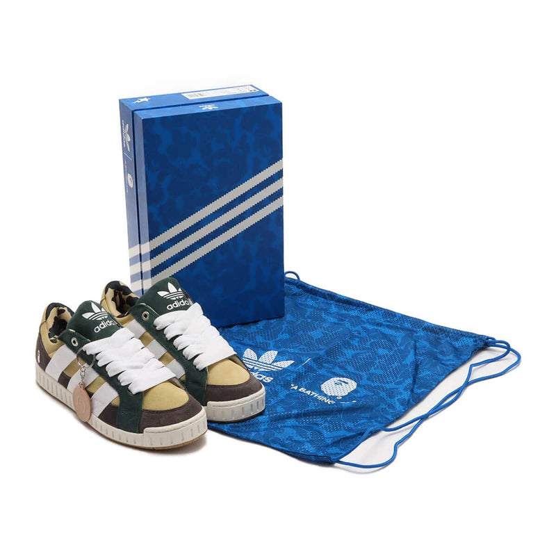 BAPE x adidas 30th Anniversary city sneaker with leather upper, rubber outsole, and hidden pocket in the shoe tongue.