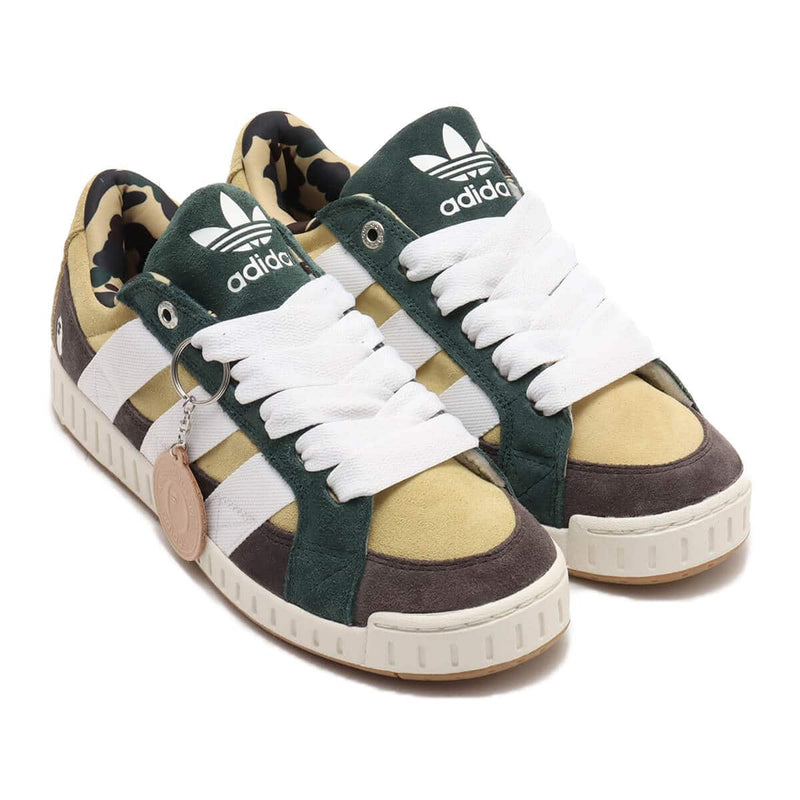 BAPE x adidas 30th Anniversary city sneaker with leather upper, rubber outsole, and hidden pocket in the shoe tongue.