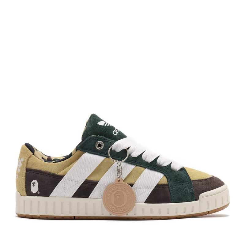 BAPE x adidas 30th Anniversary city sneaker with leather upper, rubber outsole, and hidden pocket in the shoe tongue.