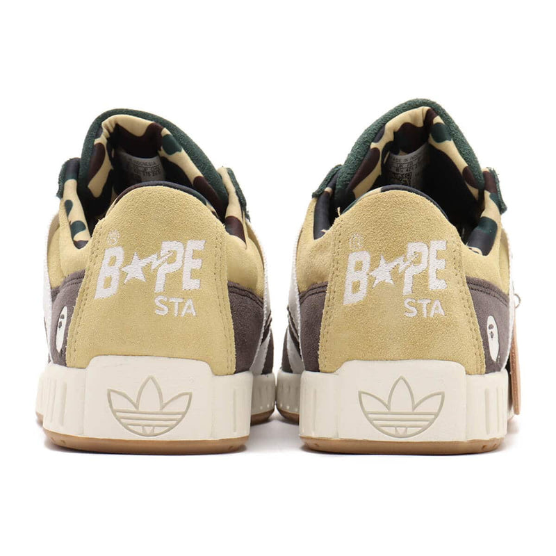 BAPE x adidas 30th Anniversary city sneaker with leather upper, rubber outsole, and hidden pocket in the shoe tongue.