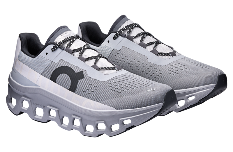 On Cloudmonster Alloy/Silver running shoe with CloudTec cushioning for long-distance runners.