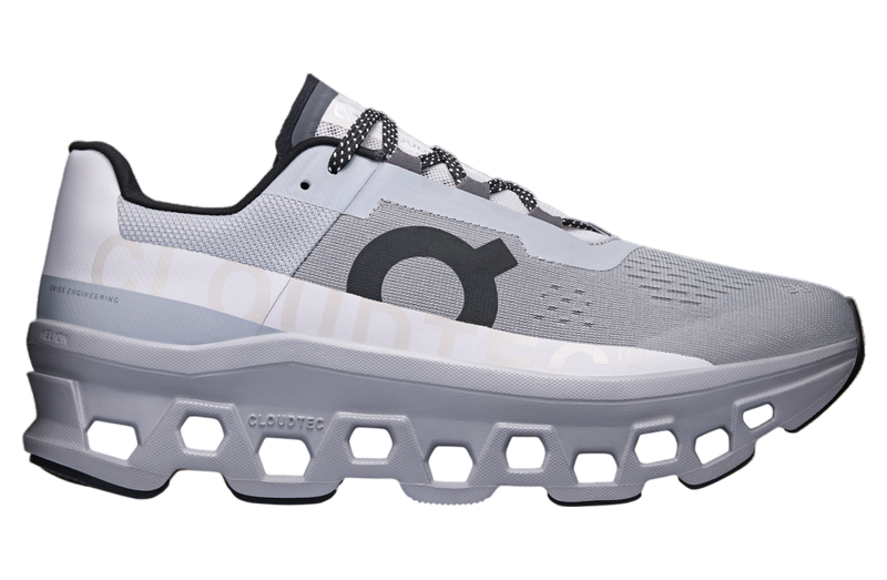 On Cloudmonster Alloy/Silver running shoe with CloudTec cushioning for long-distance runners.