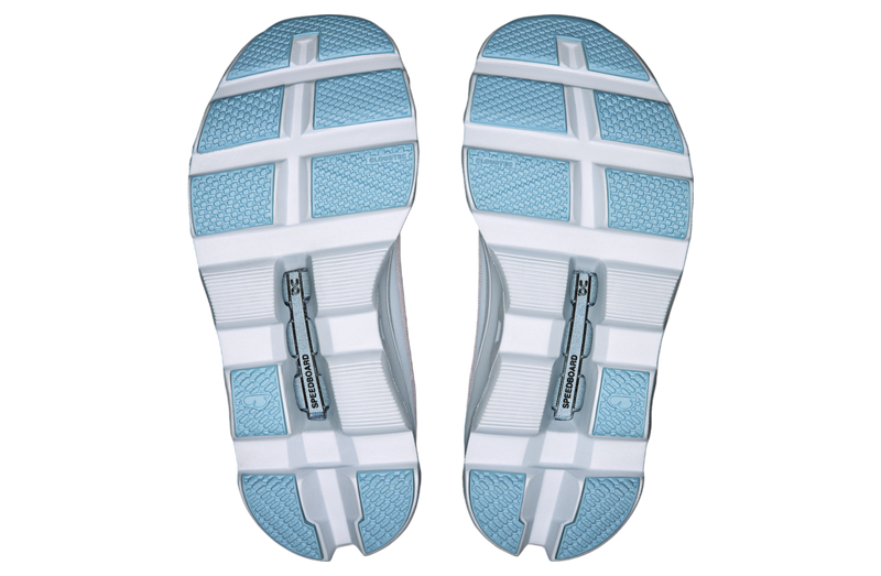 On Cloudmonster WMNS Frost / Wash running shoe with CloudTec cushioning, combining icy blue and neutral tones for a stylish, comfortable design.